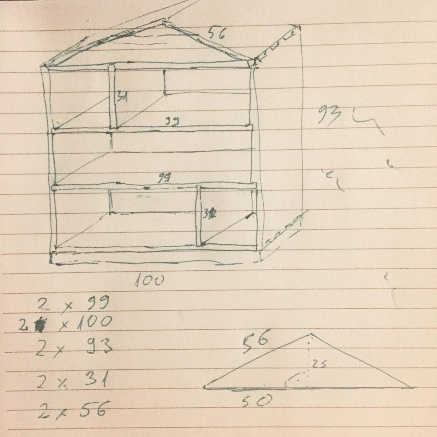 A hand-drawn sketch of a small house-shaped bookshelf with notes and measurements.